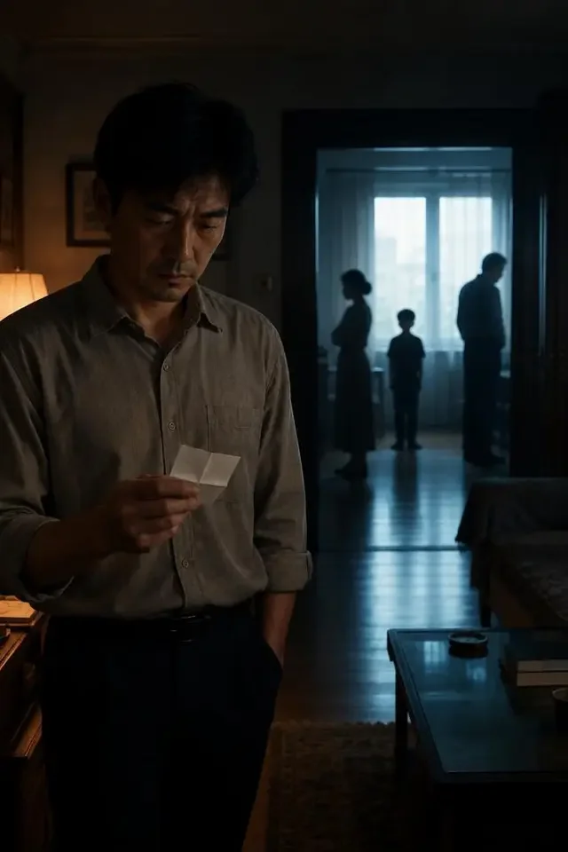 黄豆果短剧《假彩票，真离婚》封面，男主角手持纸券与家人隔景对视