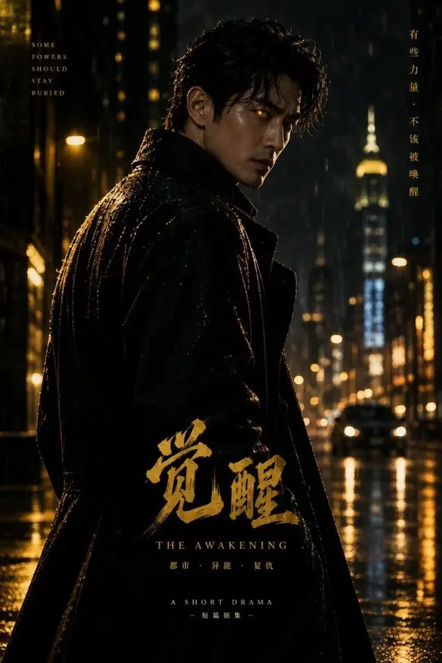 黄豆果短剧《神瞳觉醒》封面，雨夜都市中的成年男性主角，眼部透出琥珀色微光